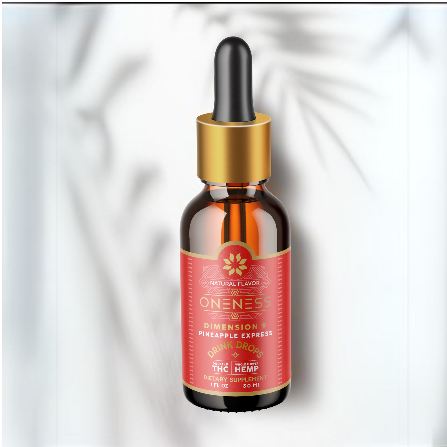 A bottle of Oneness Pineapple Express Euphoric Hemp Drink Drops with a dropper. The label is red with a pineapple image and white text.